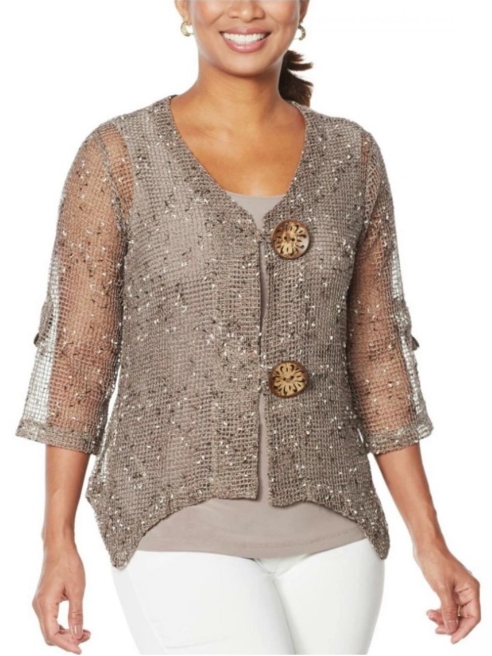 Nina Leonard Taupe Brown Open-Weave Cardigan 3/4 Sleeve Size 1X
